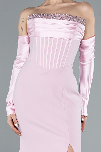 Abiyefon Pudra Taşlı Straplez Yaka Kol Aksesuarlı Uzun Balık Abiye ABU4637