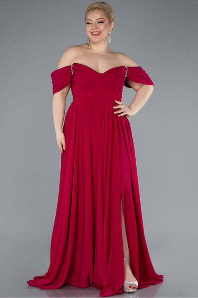 Abiyefon Koyu Fuşya Kayık Yaka Uzun Şifon Büyük Beden Abiye ABU3738