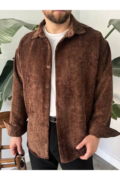 Gambocci Ανδρικό πουκάμισο μονόχρωμο κοτλέ βελούδινο oversized φαρδύ κομμένο