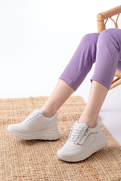 Mida Shoes F-207 Beyaz Bağcıklı Fermuarlı Taş Aksesuarlı Mevsimlik Spor Ayakkabı
