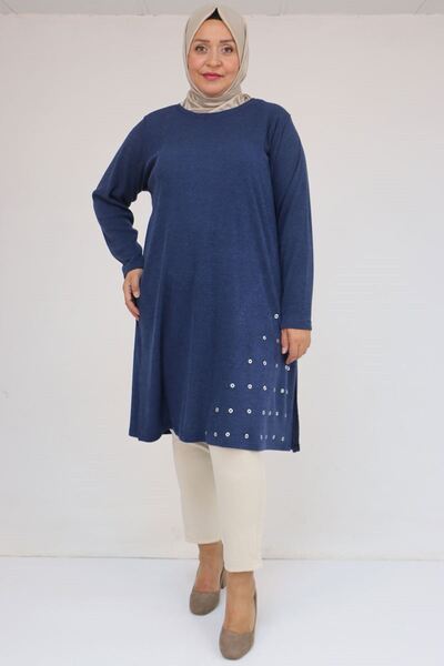 Eslina 58110 Plus Size Mir Tunic with Bird's Eye Detail on the Side Seam - Indigo