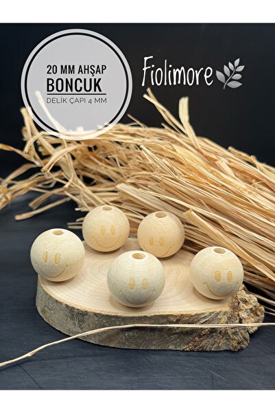 Fiolimore Ahşap Gülen Yüz Ham Yuvarlak Boncuk 20 mm (5 Adet) Anahtarlık Emzik...