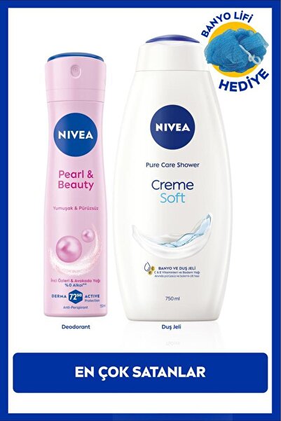 NIVEA Kadın Sprey Deodorant Pearl&Beauty 150ml ve Creme Soft Kremsi Dokunuş Duş Jeli 750ml, Lif Hediyeli