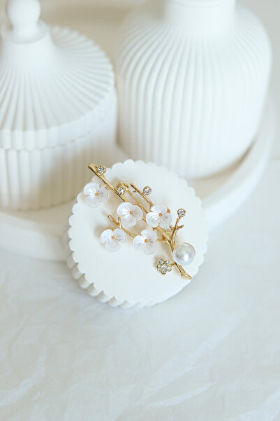 DHARMONYCO Taşlı İncili Japon Çiçeği Broş