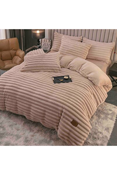 JOJO HOME Fluffy cocolino bedding set, thick striped pattern, with elastic, 2-person bed, 4 pieces, Beige