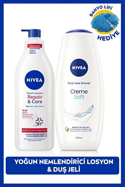 NIVEA Creme Soft Duş Jeli 500ml ve Repair Care Vücut Losyonu 400ml, Lif Hediy...