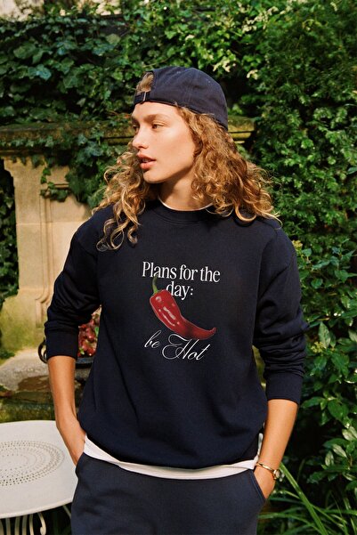 The Champ Clothing Γυναικείο φούτερ Oversize Be Hot με στάμπα σε μπλε ναυτικό – Λαιμόκοψη, 3 κλωστές από φλις με ανάλαφρη επένδυση