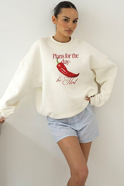 The Champ Clothing Γυναικείο φούτερ Oversize Be Hot με στάμπα λευκό – Λαιμόκοψη, 3 κλωστές από φλις με ανάγλυφο