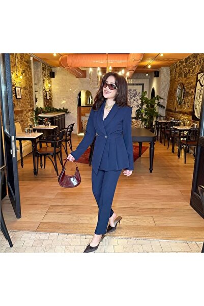 SCZ Saks Mavi Asimetrik Pliseli Kadın Blazer Takım