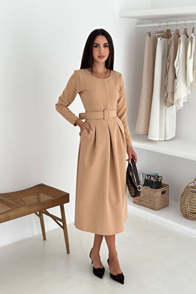 Neşeli Butik Women's Belted Midi Length Long Sleeve Dress Nbk067