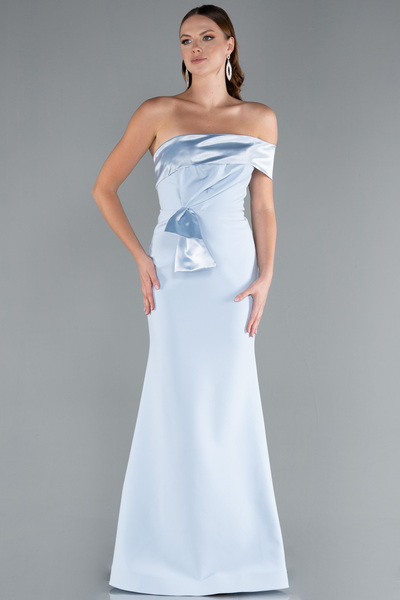 Abiyefon Buz Mavisi Saten Tek Omuz Uzun Balık Abiye Elbise ABU4832