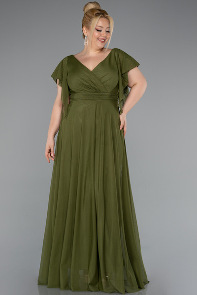 Abiyefon Haki Kısa Kol Kruvaze Yaka Uzun Büyük Beden Abiye ABU4263