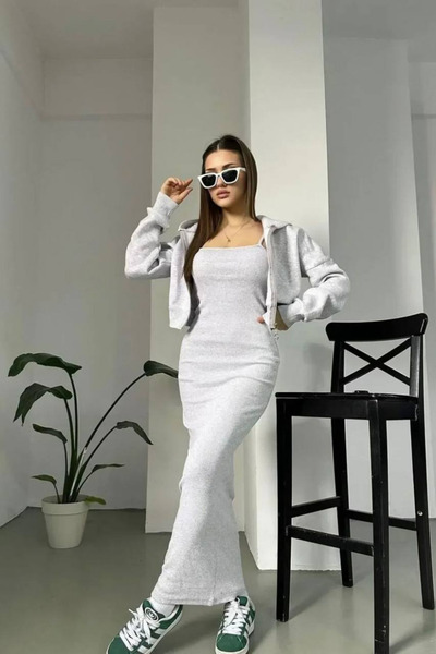 The Robi Gray Crop Cardigan and Dress Two-Piece Set