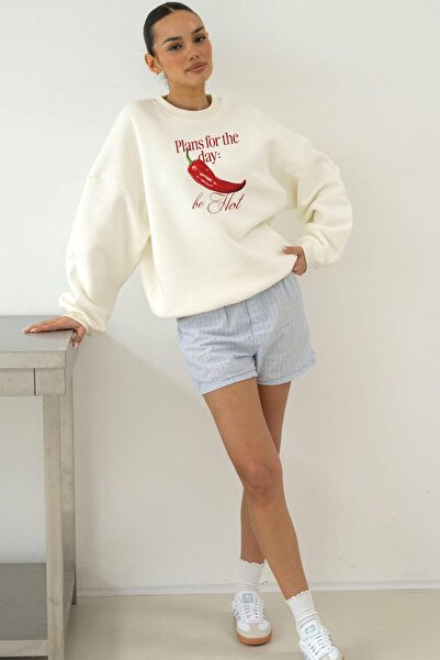 The Champ Clothing Γυναικείο φούτερ Oversize Be Hot με στάμπα λευκό – Λαιμόκοψη, 3 κλωστές από φλις με ανάγλυφο