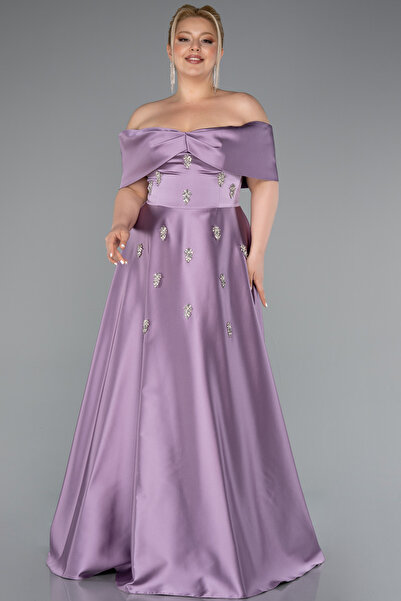 Abiyefon Lavanta Kayık Yaka Taşlı Uzun Saten Büyük Beden Abiye ABU4998