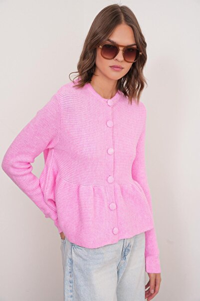 Mixray 6958 Women's Knitwear Peplum Cardigan Pink