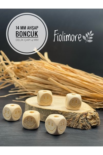 Fiolimore Wooden Smiling Face Raw Cube Beads 14 mm (5 Pieces) Keychain Pacifi...