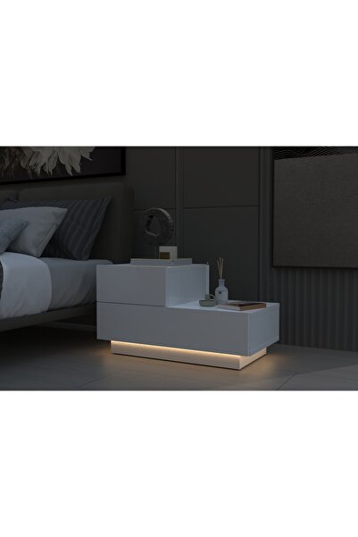 İNARCH DİZAYN Kayra KMD002 LED Işıklı Komodin – 2 Çekmeceli Modern Tasarım Beyaz