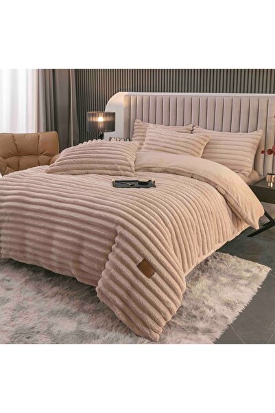 JOJO HOME Fluffy cocolino bedding set, thick striped pattern, with elastic, 2-person bed, 4 pieces, Beige