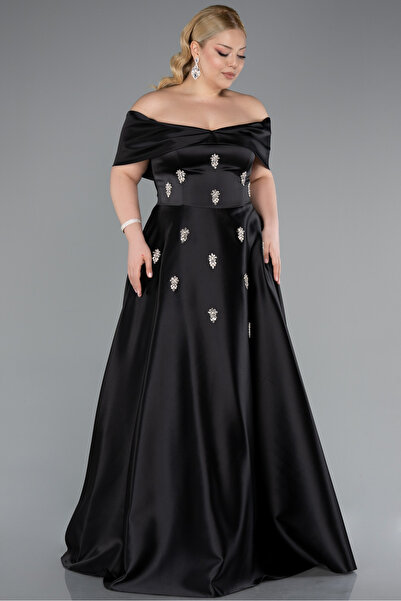 Abiyefon Siyah Kayık Yaka Taşlı Uzun Saten Büyük Beden Abiye ABU4998