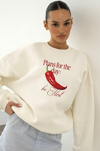 The Champ Clothing Γυναικείο φούτερ Oversize Be Hot με στάμπα λευκό – Λαιμόκοψη, 3 κλωστές από φλις με ανάγλυφο