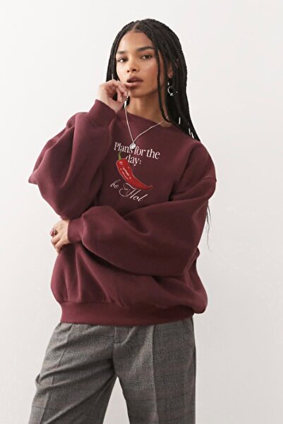 The Champ Clothing Γυναικείο φούτερ Oversize Be Hot με στάμπα μπορντό – Λαιμόκοψη, 3 κλωστές από φλις με ανάγλυφο