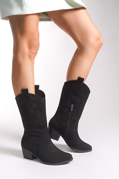 Riccon Kadın Western Çizme 00121100 Siyah Süet