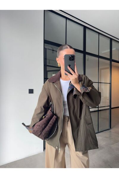 BB Bensu Buyruk Velvet Collar Plaid Lining Khaki Jacket