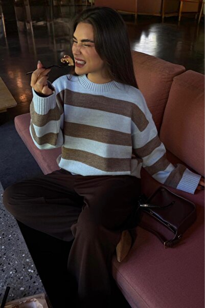 Madmext Camel Crew Neck Striped Oversize Knit Sweater Mg1972