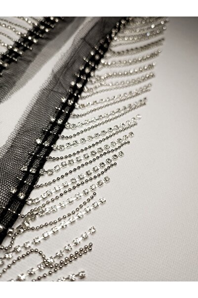 Limelia Panglică cu franjuri din tul negru cu cristale de piatră, 6 cm