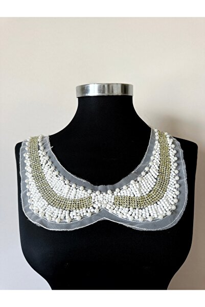 ALTAY AKSESUAR ياقة مزخرفة من التول الأبيض مع خرز اللؤلؤ