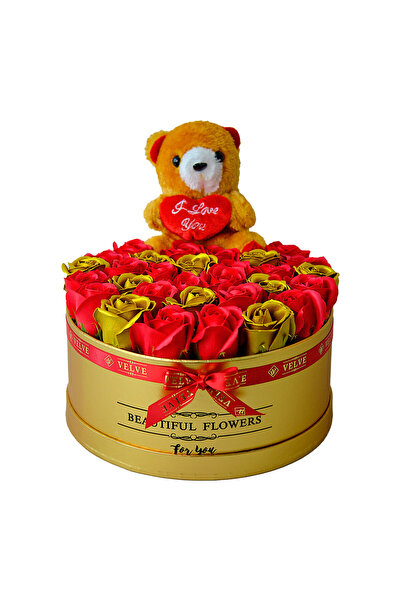 velve Ανθοσυνθεση με σαπουνένια τριαντάφυλλα, αρκουδάκι με μήνυμα αγάπης, σε ...