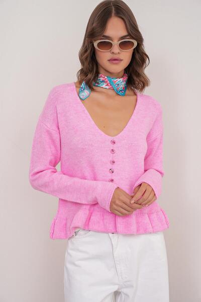 Mixray 6954 women's pink ruffle detailed v-neck knit sweater