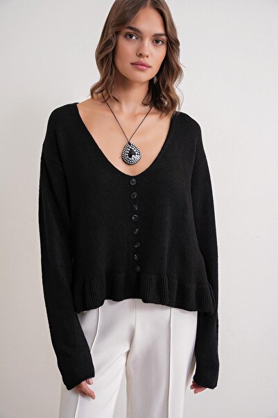 Mixray 6954 women's ruffle detailed v-neck knitwear sweater black