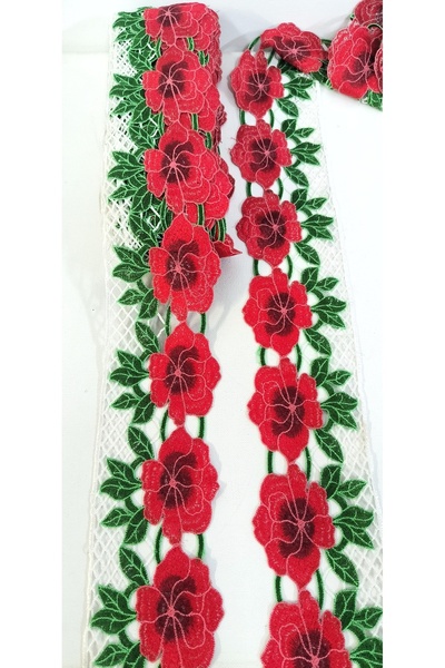 ALTAY AKSESUAR Red Floral Embroidered Edge Guipure Lace