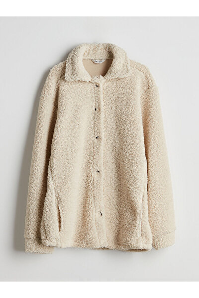 LC Waikiki Palton pentru bărbați din pluș cu guler cămașă, model standard ecru