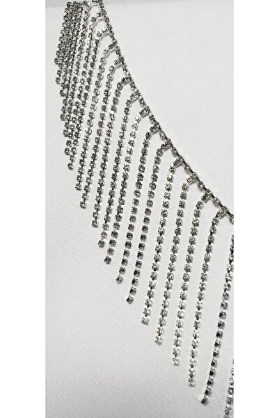ALTAY AKSESUAR ÖZEL GÜMÜŞ RENK SIRALI KRİSTAL TAŞLI ZİNCİR SAÇAK ŞERİT 8 cm