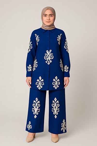 SheLoria Women's Navy Blue Tunic Pants Linen Double Suit