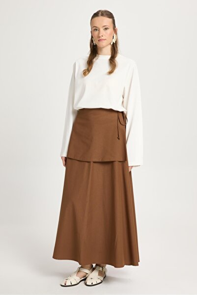 minaaise Women's Brown Belted Poplin Long Skirt 30021