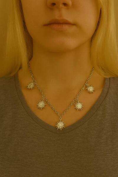 Herşey Nota قلادة نسائية مكونة من 5 قطع بتصميم الشمس - مع سلسلة بطول 60 سم، ت...