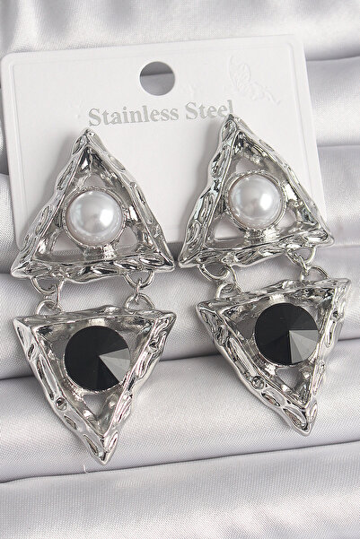 Lisinya Brass Silver Color Dangle Triangle Model Pearl Detail Women's Earring...