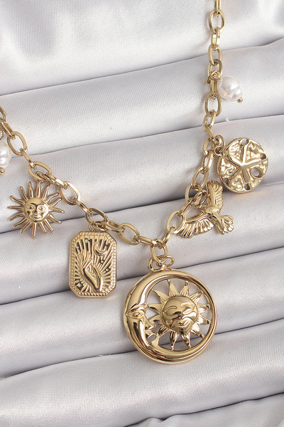 Lisinya 316L Steel Gold Color Ring Chain Dangle Moon Sun Figure Bird Detail W...