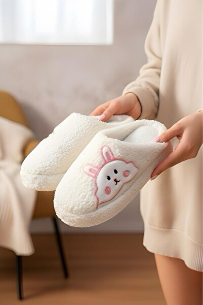 Oksit Ft 101 Rabbit Embroidered Women's House Slippers Plush Slippers Dowry and Bundle Slippers Do Not Make Noise Thick Sole