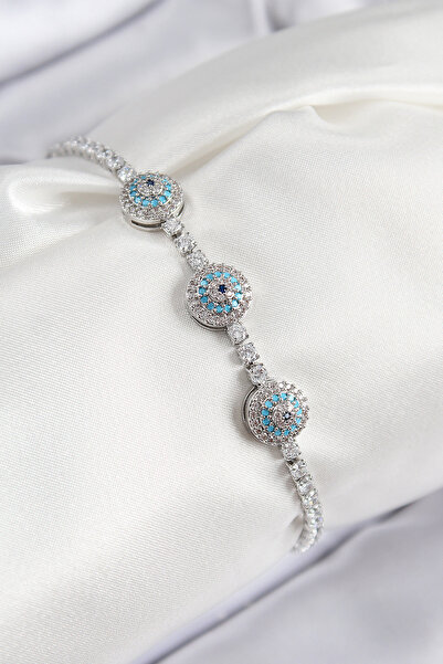 Lisinya سوار نسائي من النحاس والزركون بحجر العين الشريرة باللون الفضي - TYGOO