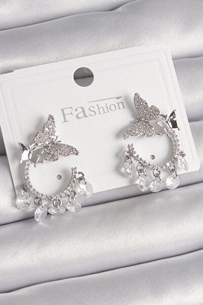 Lisinya Brass Silver Color Zircon Stone Hanging Detail Butterfly Model Women'...