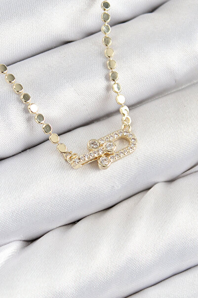 Lisinya Brass Zircon Stone Tiffany Model Crushed Chain Gold Color Women's Nec...