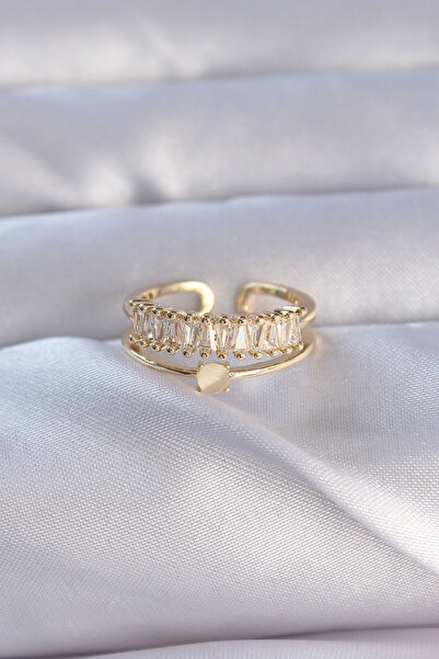 Lisinya Brass Gold Color Zircon Stone Baguette Waterway Model Adjustable Ring -