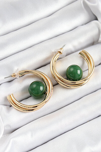 Lisinya Brass Gold Color Hoop Model Green Bead Detail Women's Earrings -
