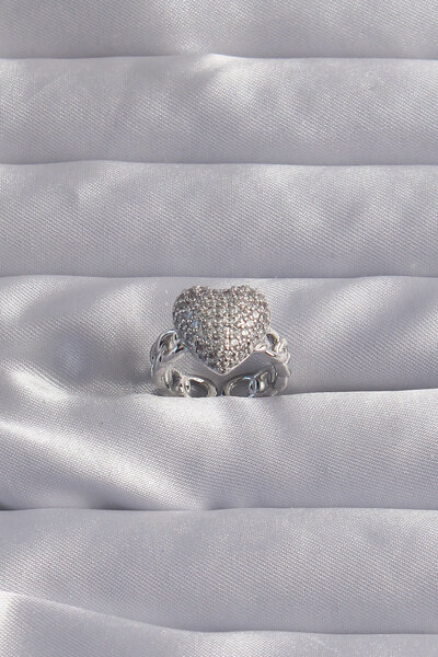 Lisinya Brass Adjustable Silver Color Zircon Stone Domed Heart Ring -