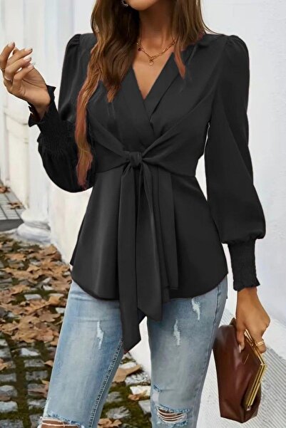 Mossta Εισαγόμενη μπλούζα από κρεπ με διπλό λαιμόκοψη και λεπτομέρεια με κορδόνια - Μαύρο